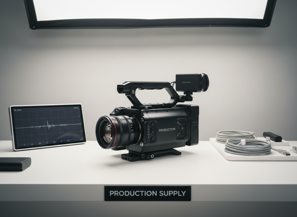 A high-end professional video camera crafted from matte black magnesium alloy, featuring precision-milled details and subtle branding, sits elegantly on a clean, white studio workstation. The scene is minimalistic, with only sleek, neutral-toned accessories—like a modern monitor and neatly coiled gray cables—surrounding the camera in an orderly fashion. Soft, evenly diffused studio lighting provides balanced illumination, creating gentle reflections along the camera’s streamlined surfaces and casting barely-there, controlled shadows on the workstation. The mood is composed and professional, with a calm, structured energy. Shot at eye-level for clarity and trustworthiness, the composition uses clean lines and a centered layout for a crisp, authoritative, corporate photographic aesthetic. This image authentically represents Production Supply as a dependable camera supplier for studios.